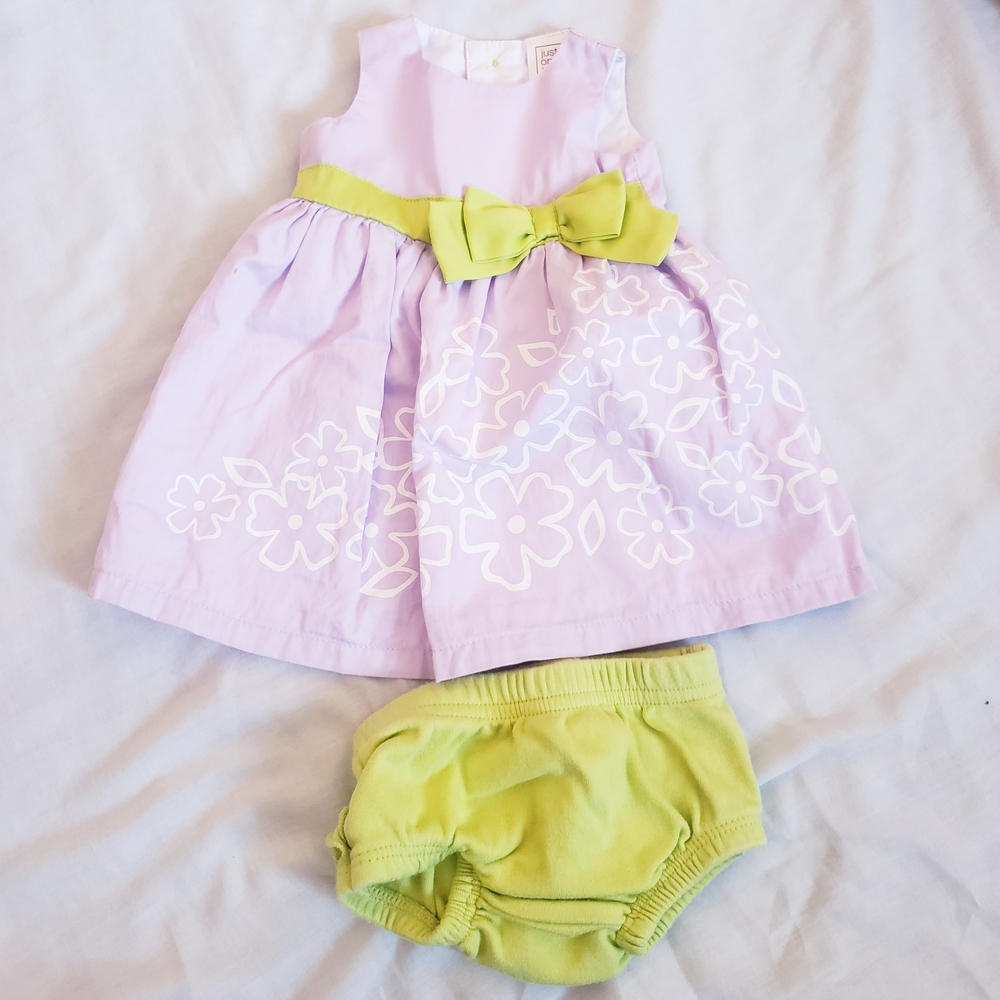 Newborn Girls Floral Purple Dress With Lime Green Accents